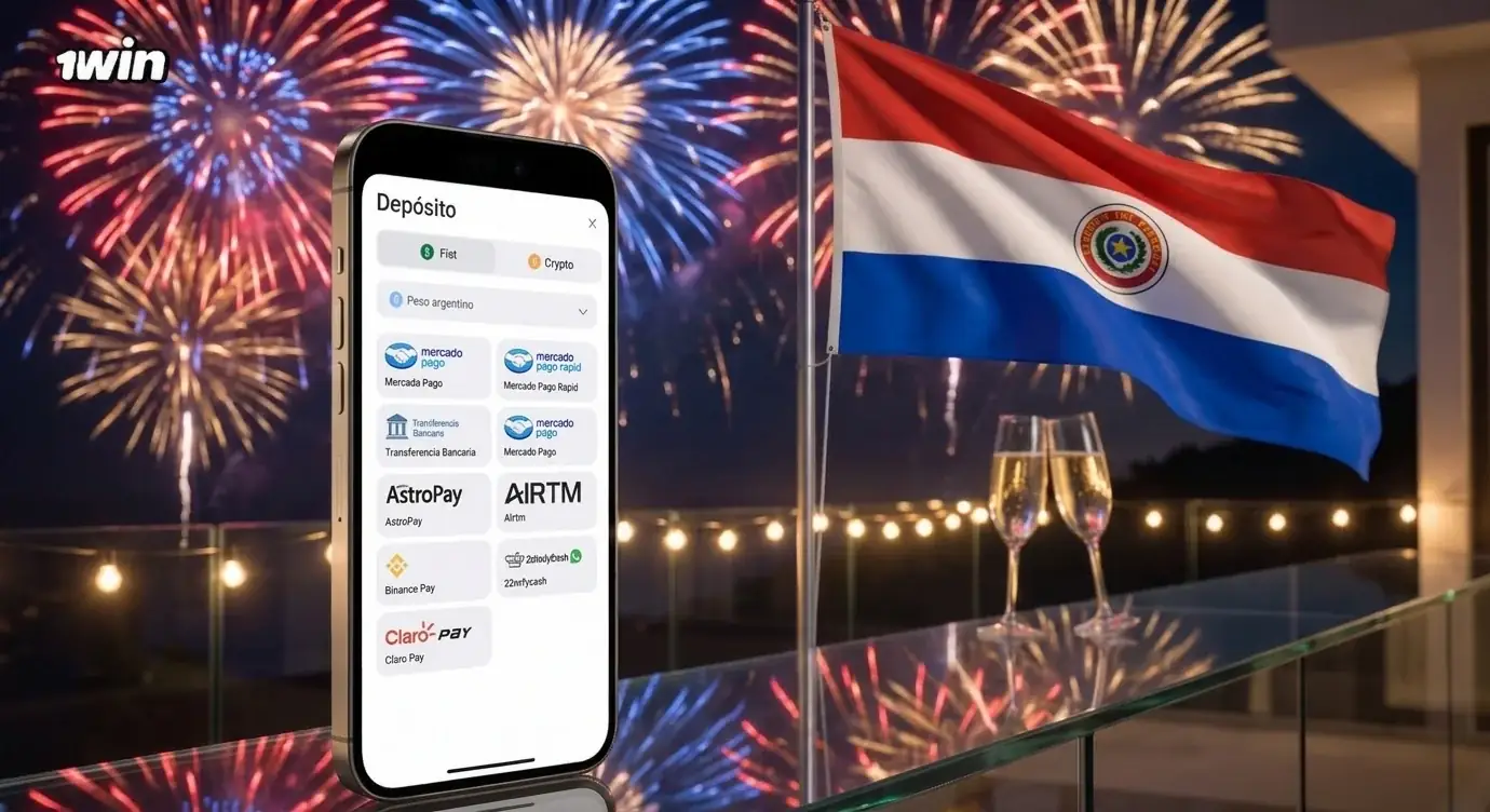 Celular con la pantalla de depósito de 1win en una terraza de noche, con fuegos artificiales y la bandera de Paraguay